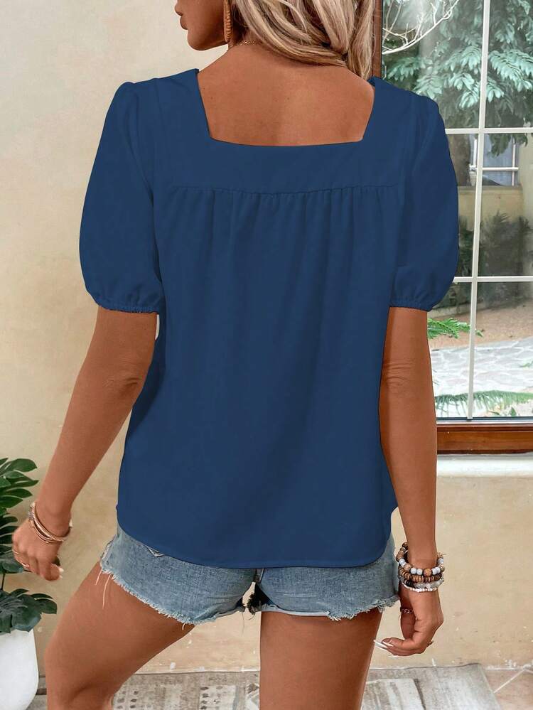 Women's Fashionable Floral Print Short Sleeve Square Neck Blouse