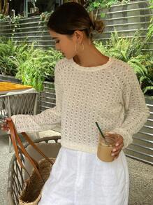 DAZY Áo thun nữ dài tay cổ tròn Jacquard rỗng - Màu be - Xem 3