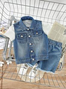 SHEIN Conjunto de 3 peças Colete de Denim sem Mangas, Camiseta sem Mangas com Gola Redonda, Shorts de Denim com Barra Desfiada e Perna Larga - Baby Azul - Ver 1
