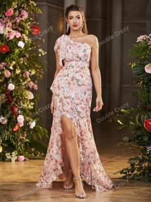 Double Crazy Robe à col asymétrique avec nœud, imprimé floral élégant, ourlet à volants. Convient pour les concerts, les fêtes, les vacances, les mariages, les soirées, les événements formels.