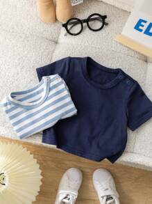 SHEIN Newborn Baby Boy/Girl Colorful Striped Round Neck Short Sleeve Pullover, Solid Color T-Shirt Set Of 2