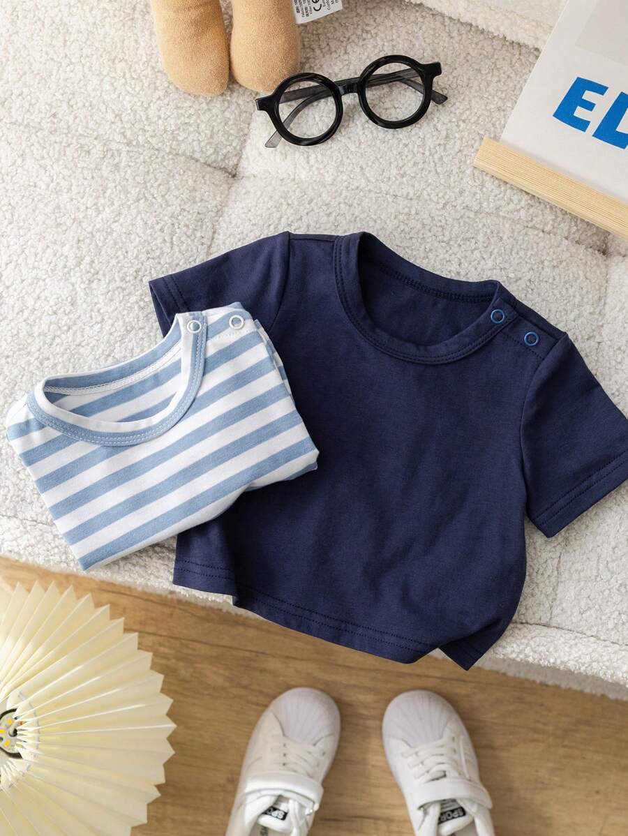SHEIN Newborn Baby Boy/Girl Colorful Striped Round Neck Short Sleeve Pullover, Solid Color T-Shirt Set Of 2