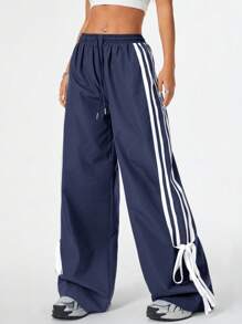 Coolane Pantalones largos de mujer informales con bloqueo de color, borde y cinturón de lazo, primavera/verano