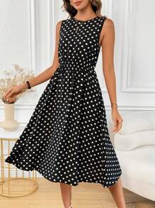 SHEIN Clasi Summer Polka Dot  Vacation Dress Old Money Style - Black - View 5