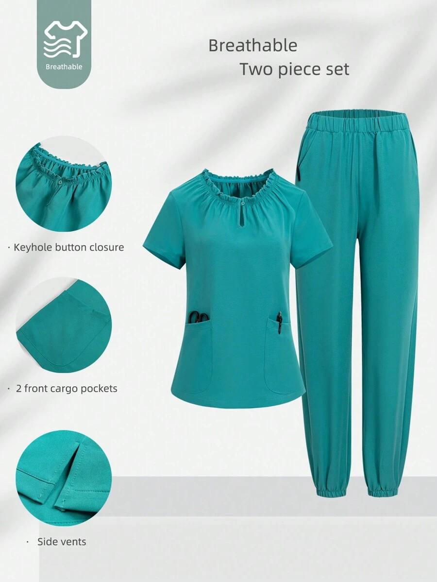 TaskEZ 女士薄荷綠色護士制服套裝，採用精緻的領口設計，按扣式閉合，2個口袋，圓領啞光上衣和彈性腰帶啞光褲 - 薄荷藍 - 查看 1