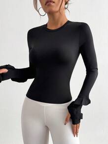 SHEIN Dewbera Solid Color Long Sleeve Thumb Hole Slim Fit Sports T-Shirt With Ruffle Edge - Black - View 5