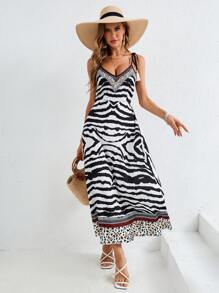 SHEIN VCAY Women's Printed Jacquard Spaghetti Strap Vacation Dress For Summer - Black and White - View 5