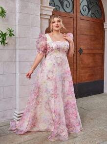 SHEIN Belle Váy xòe xẻ tà cao tay công chúa họa tiết hoa hồng lãng mạn cỡ lớn nhiều lớp, thanh lịch và ngọt ngào, phù hợp cho kỳ nghỉ và sự kiện trang trọng, váy dạ hội dự tiệc cưới, dự tiệc tốt nghiệp, tiệc tối - Nhiều màu - Xem 5