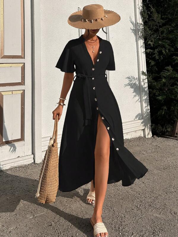 SHEIN Ruffle Sleeve Crew-Neck Buttoned Maxi Dress With Shell Belt