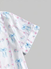 ROMWE Kawaii Bộ đồ ngủ tay ngắn in hoa và nơ Himekaji có ve áo và khuy cài, phong cách cung điện dành cho nữ, đi học - Nhiều màu - Xem 4