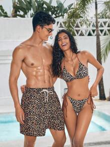 Manfinity Swimmode 1 Stück Herren Urlaubs Leopard Grafik Muster Kordelzug Elastischer Taille Weite Passform Strand Shorts Bade Shorts, für Strand, Urlaubspaar Partnerlook Badebekleidung, Hawaii