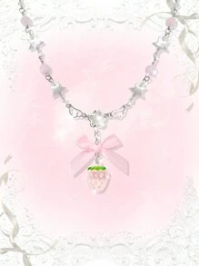 ROMWE Kawaii 1pc Cute Pink Strawberry Bow Pendant Necklace, Perfect For Daily Wear Valentines - Baby Pink - View 4