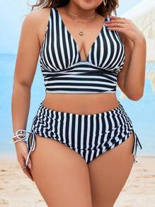 Swim Lushoire 大码女式夏季沙滩条纹深 V 性感比基尼套装分体比基尼套装