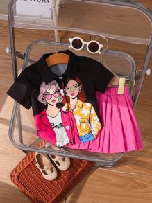 SHEIN Baby Girl Casual Street Style Cartoon Portrait Printed Shirt & Ruffled Skirt Set, Spring/Summer, Suitable For Outdoor - Black - View 1