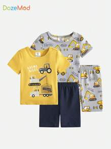 SHEIN 4pcs Baby Boy Snug Fit Alphabet & Excavator Pattern Round Neck Short Sleeve T-Shirt And Shorts Set