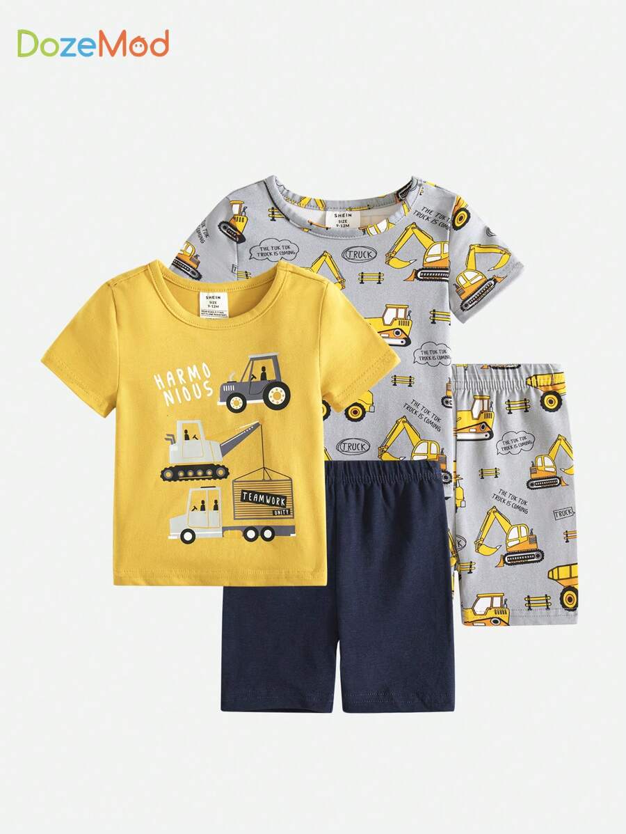 SHEIN 4pcs Baby Boy Snug Fit Alphabet & Excavator Pattern Round Neck Short Sleeve T-Shirt And Shorts Set