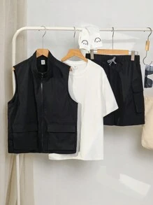 SHEIN 青少年男孩加大码 3 件套休闲纯色短袖 T 恤、立领拉链背心和工装短裤、针织面料和贴袋套装 - 彩色 - 查看 1