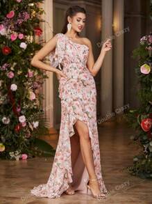 Double Crazy Robe à col asymétrique avec nœud, imprimé floral élégant, ourlet à volants. Convient pour les concerts, les fêtes, les vacances, les mariages, les soirées, les événements formels.