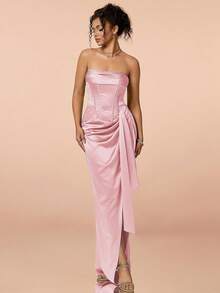 Pleated Satin Tube Dress, Women's 2026 Spring/Summer Strapless Satin Cinched Waist Dress With Pleated Ruffle Hem And High Slit, Romantic Lakeside Evening Party Cocktail Elegant Dress For Music Festival, Wedding Season, Back To School - Pink - View 5