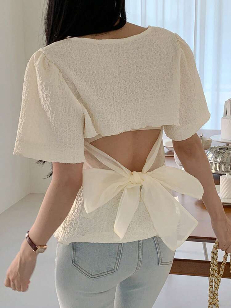Women's Summer Solid Color Short Sleeve Round Neck Casual T-Shirt With Back Knot Design,Halter Top