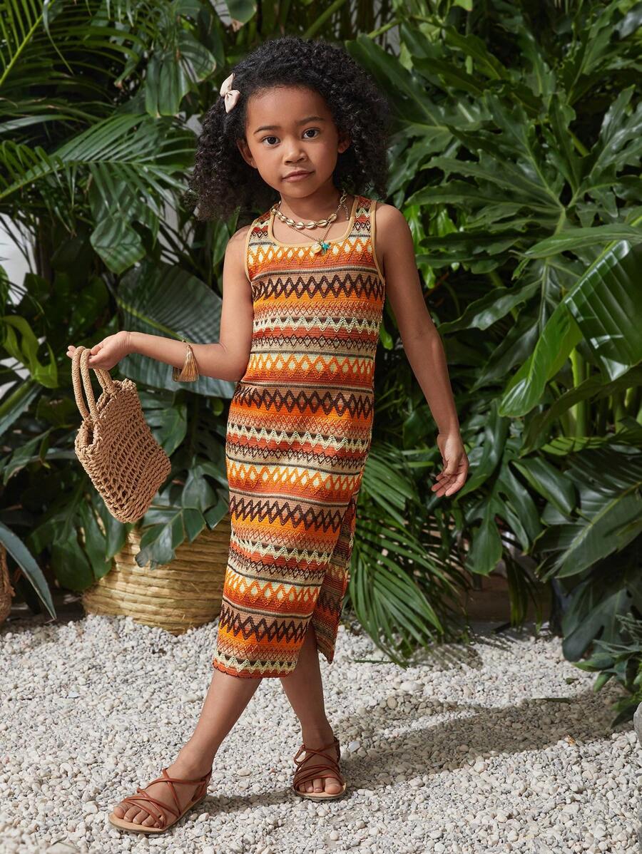 SHEIN 年輕女孩針織提花無袖修身休閒裙，圓領 - 彩色 - 查看 1