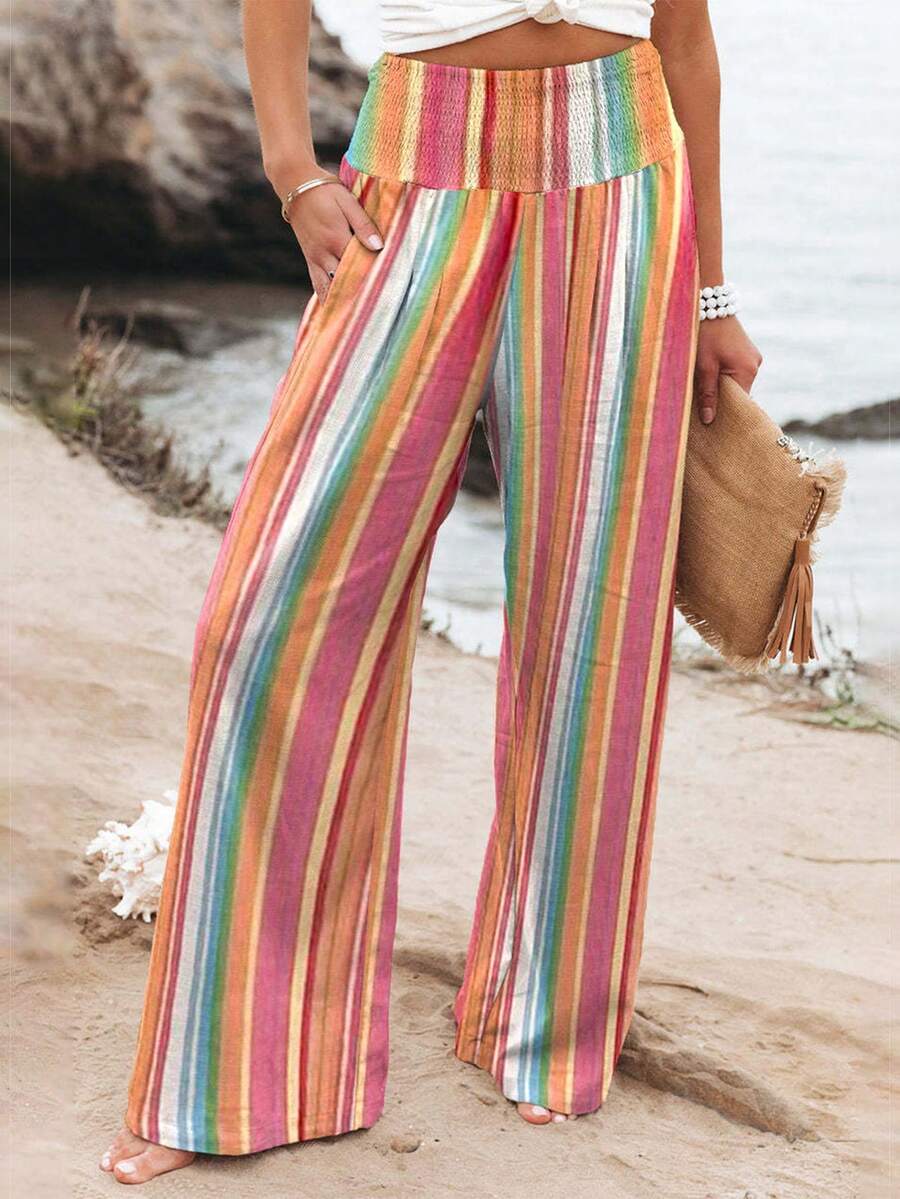 Pantalones anchos a rayas con cintura alta fruncida - Multicolor - Ver 1