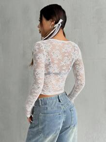SHEIN EZwear Women's Summer Sexy Lace Bow Decorated See-Through Slim Cropped Top - White - View 2