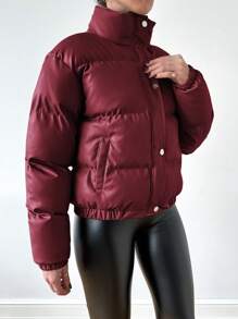 EURMUSE Pocket & Side Zipper Design Puffer Coat - Burgundy - View 3