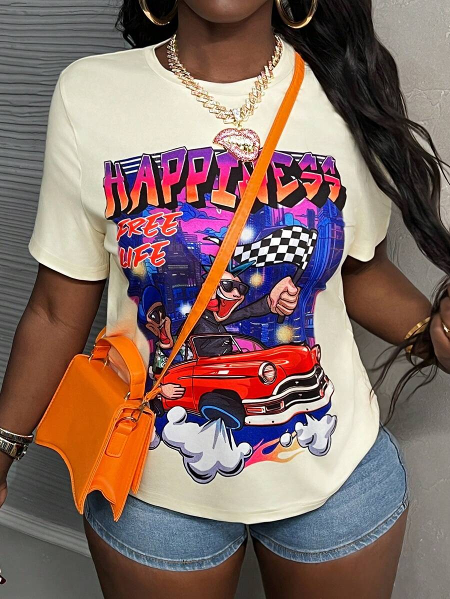 Slaydiva Summer Casual Street Round Neck Short-Sleeved Fit Car Character Print Pattern Apricot Fit Knitted Fabric Women's T-Shirt-H