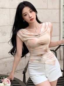 DAZY 女士夏季性感休闲网纱扎染设计圆领无袖背心上衣 - 彩色 - 查看 7