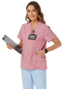 TaskEZ Top uniforme quotidiano semplice di colore solido - Rosa - Visualizzare 3