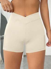 SHEIN EZwear Solid Asymmetrical Waistband Phone Pocket Side Biker Shorts - Apricot - View 3