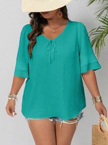 EMERY ROSE Blusa casual simple con cuello en V, textura arrugada, decoración de lazo y mangas con volantes para tallas grandes - verde menta - Ver 4