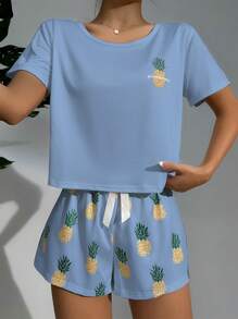 Conjunto de pijama con top de manga corta de cuello redondo y pantalones cortos con estampado de piña - Azul - Ver 3