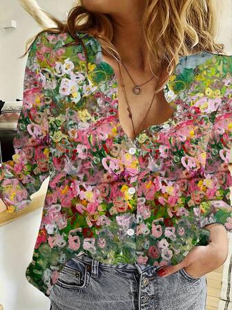 2021 Damen Frühling & Herbst Neue Ankunft Lässiges Loses Langarm Hemd mit Blume Muster, Europäischer & Amerikanischer Stil