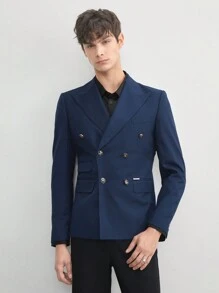 Manfinity RebelGame 易护理男士老式风格商务休闲半帆布编织西装外套，双排扣，适合春夏季和秋冬季 - 藏蓝色 - 查看 1
