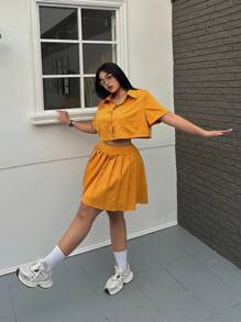 POPSWAY Women's Plus Size Fashion Solid Color Short Sleeve Top And Skirt Set - Yellow - View 5