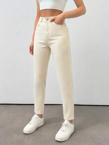 RueChic Pantalon En Denim Taille Haute De Couleur Unie - Beige - Voir 5