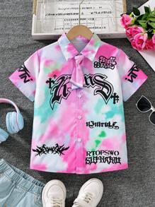SHEIN 少女塗鴉印花襯衫與領帶 - 粉色 - 查看 1