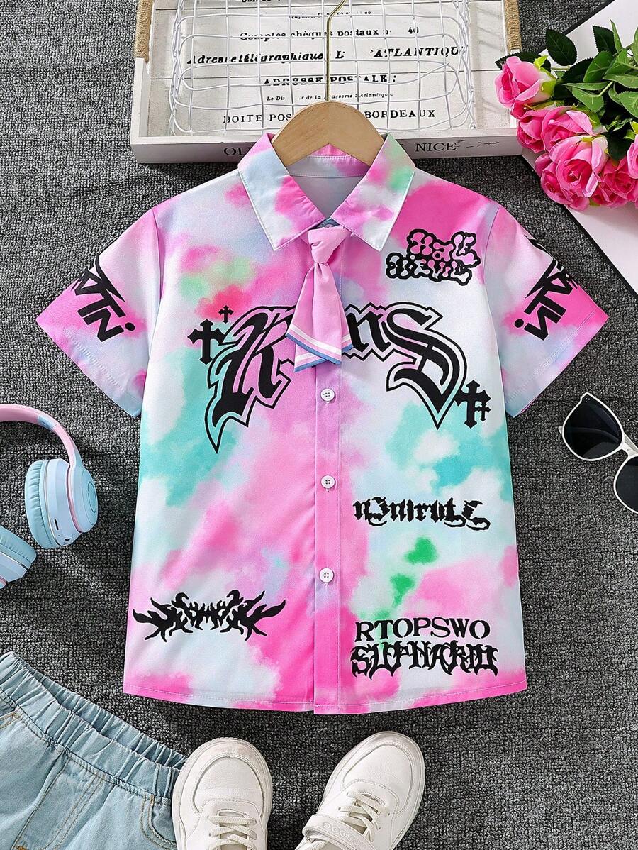 SHEIN 少女塗鴉印花襯衫與領帶 - 粉色 - 查看 1