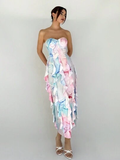 Aloruh Women's Elegant Printed Strapless Dress