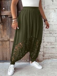 SHEIN LUNE Pantalon sarouel large de couleur unie pour femmes de grande taille avec décoration en dentelle et ourlet mi-mollet - Militaire verte - Voir 4