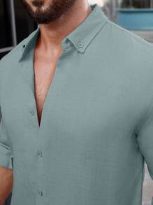 Manfinity Homme Men's Solid Color Long Sleeve Plain Shirt - Cadet Blue - View 6