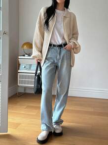 DAZY Lantern Sleeve Drop Shoulder Zip Up Cardigan - Beige - View 2