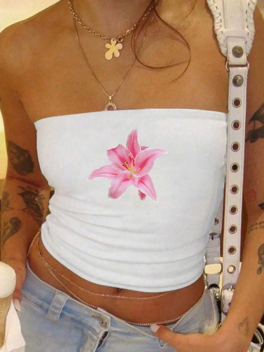 Flirla Women's Lily Flowers Bustier Top For Summer - White - View 1