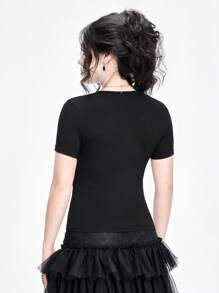 ROMWE Goth Camiseta ajustada de mujer con temática gótica de vampiro, adornada con pedrería multicolor