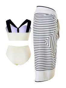 Swim Oasis Conjunto de bikini de playa de verano para mujer con decoración de flores en 3D, falda a rayas