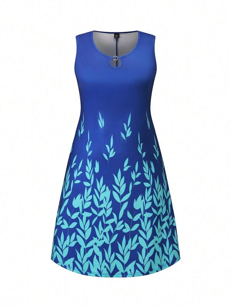 Plus Size Women's Sleeveless Summer Dress With Botanical Print