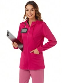 TaskEZ Women's Pink 2 Pocket Front Zipper Comfort Soft Stretch Knit Hooded Scrub Uniform Jacket Nurse Scrub Uniform Jacket