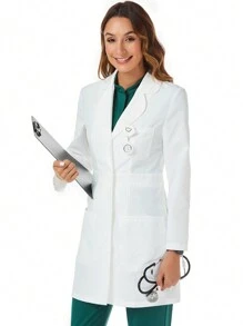 TaskEZ Women's White Scrub 3 Pockets Back Adjustable Waist Slimming Lab Coat/Modern Classic Fit